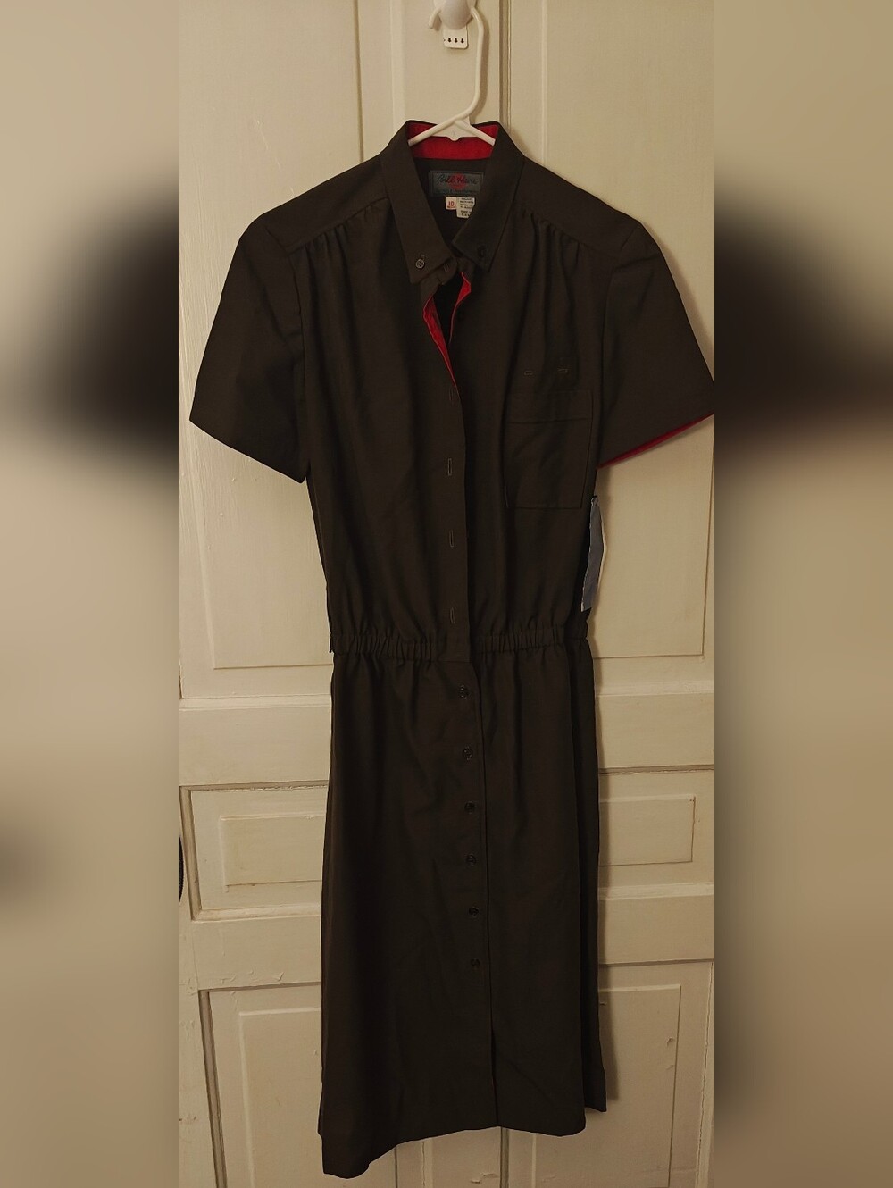 Olive Short-Sleeve Shirt Dress with Red Trim